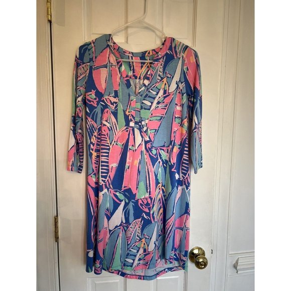 Lilly‎ Pulitzer Out To Sea Pink Blue Sailboat 3/4 Sleeve Dress Size XS - Picture 1 of 12